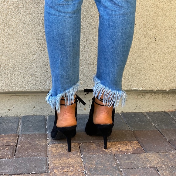 Black Peep Toe Tassels Lace Up Kitten Heel Sandal - Picture 10 of 12